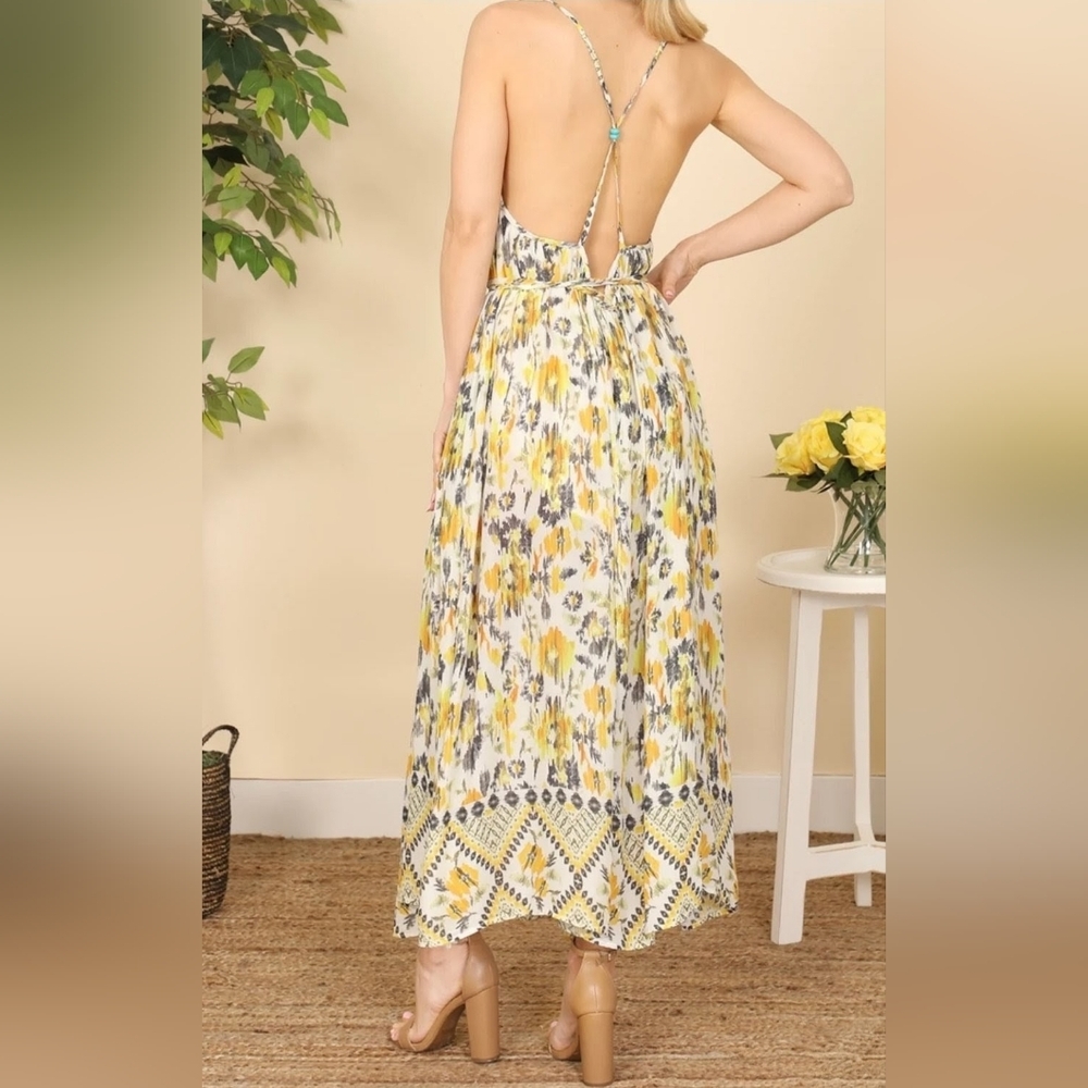 Long floral dress 100% rayon OLIVACEOUS talla L - Picture 4 of 10